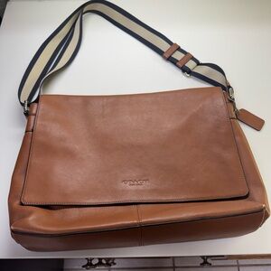 Coach Brown Leather Messenger Bag with Striped Strap